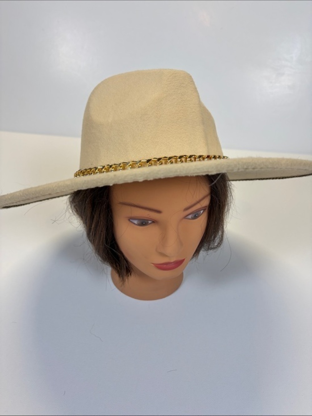 Lulus Beige Wide Brim Fedora Hat Gold Chain Band Boho Western